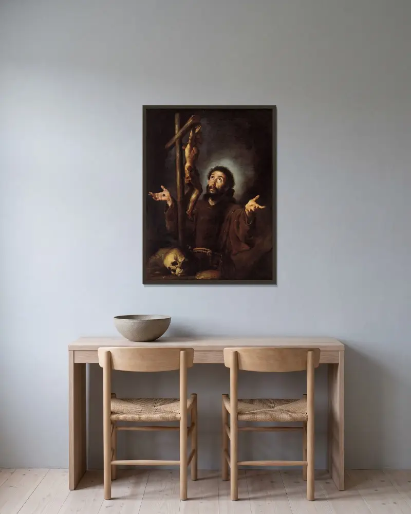 Franciskus av Assisi tillbedjande krucifixet av Bernardo Strozzi inramad på en vägg