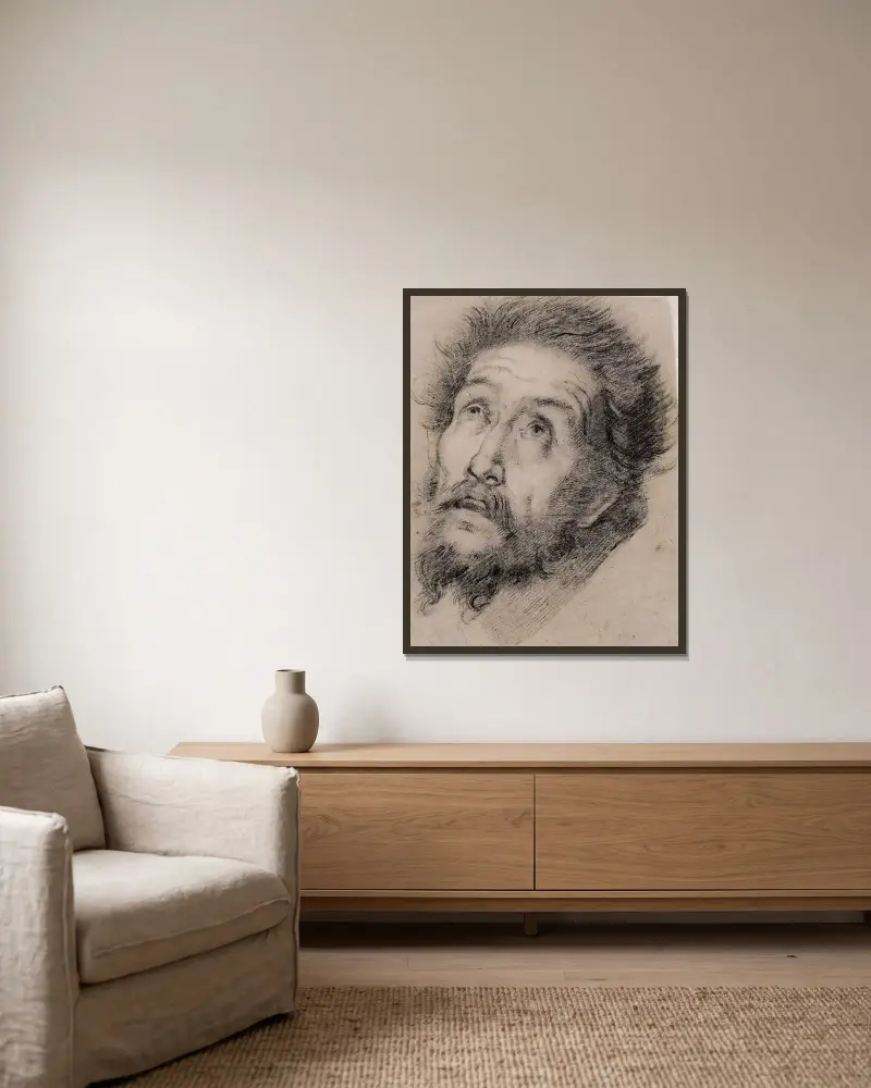 Studie för Franciskus av Assisi tillbedjande korset av Bernardo Strozzi inramad på en vägg