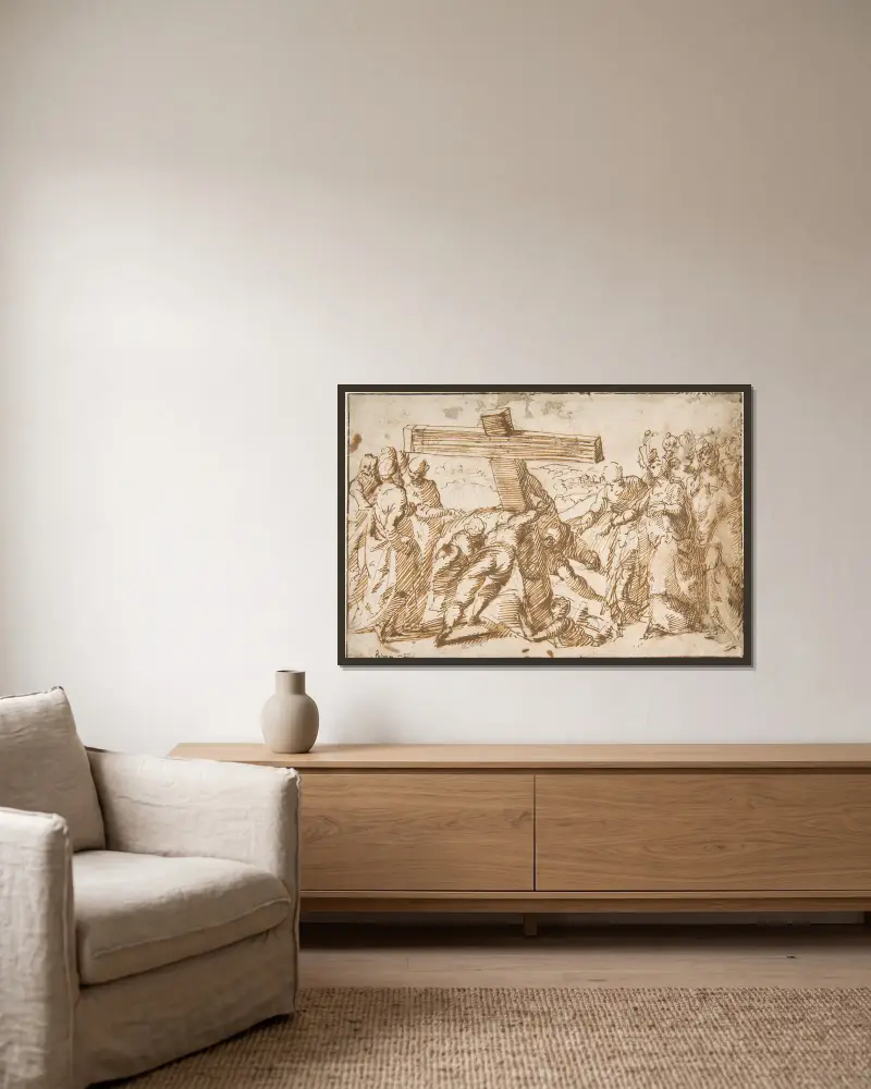 The Discovery of the True Cross av Bernardo Strozzi inramad på en vägg
