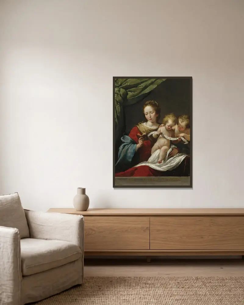 The Madonna Reading, With The Christ Child And Infant Saint John The Baptist av Bernardo Strozzi inramad på en vägg
