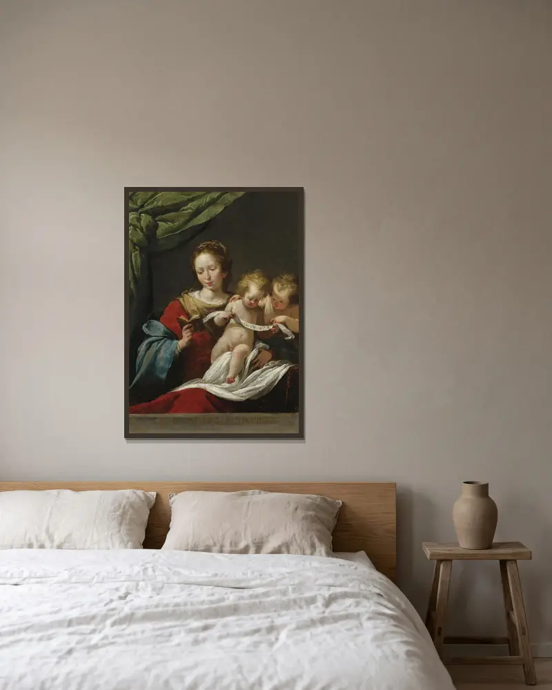 The Madonna Reading, With The Christ Child And Infant Saint John The Baptist av Bernardo Strozzi inramad på en vägg