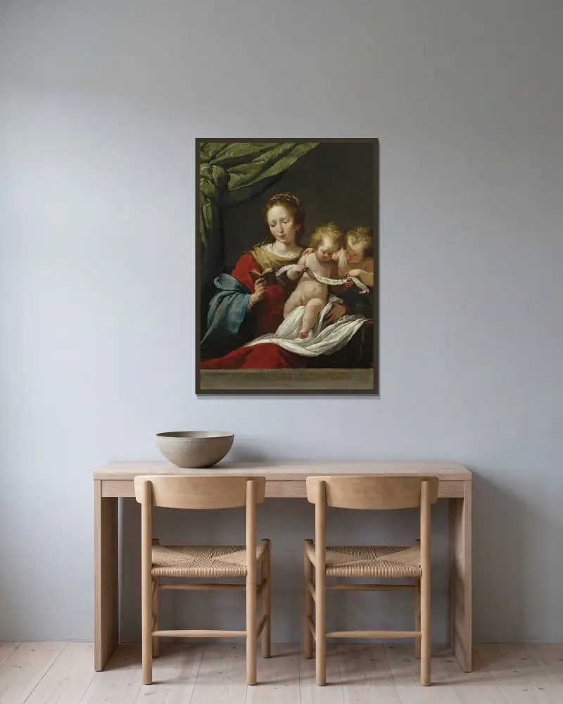 The Madonna Reading, With The Christ Child And Infant Saint John The Baptist av Bernardo Strozzi inramad på en vägg