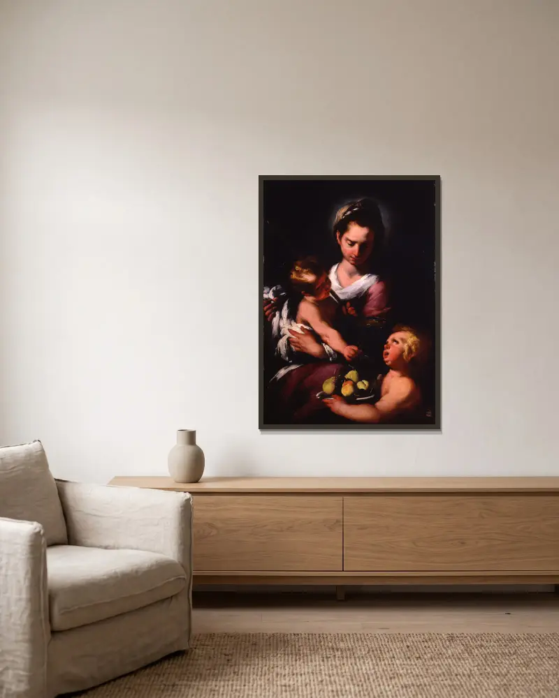 The Virgin and Child with the Infant Saint John av Bernardo Strozzi inramad på en vägg