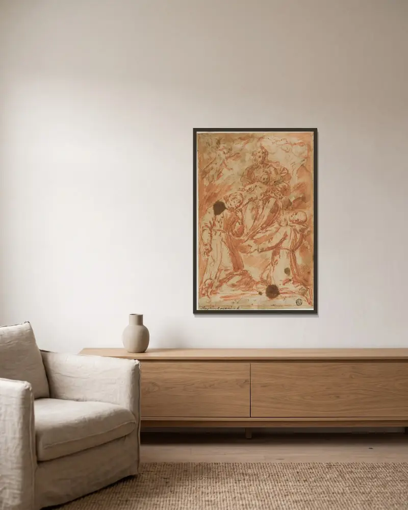 Jungfrun och barnet i gloria, tillbedda av två munkshelgon av Bernardo Strozzi inramad på en vägg