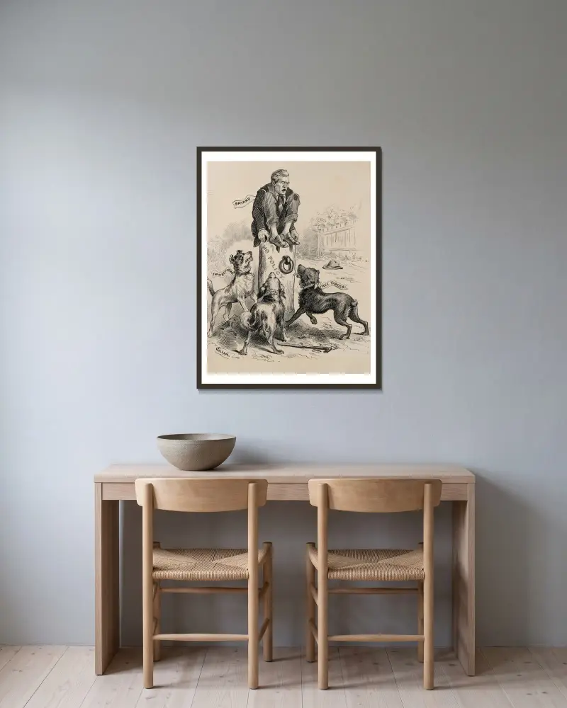 Bayard crouching atop tree stump ‘No Policy,’ terrorized by three angry dogs ‘Tariff Reformer,’ ‘Protectionist,’ ‘Free Trader’ av Bernhard Gillam inramad på en vägg