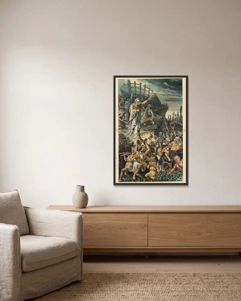 Der Bau der Arche von Bernhard Gillam gerahmt an einer Wand