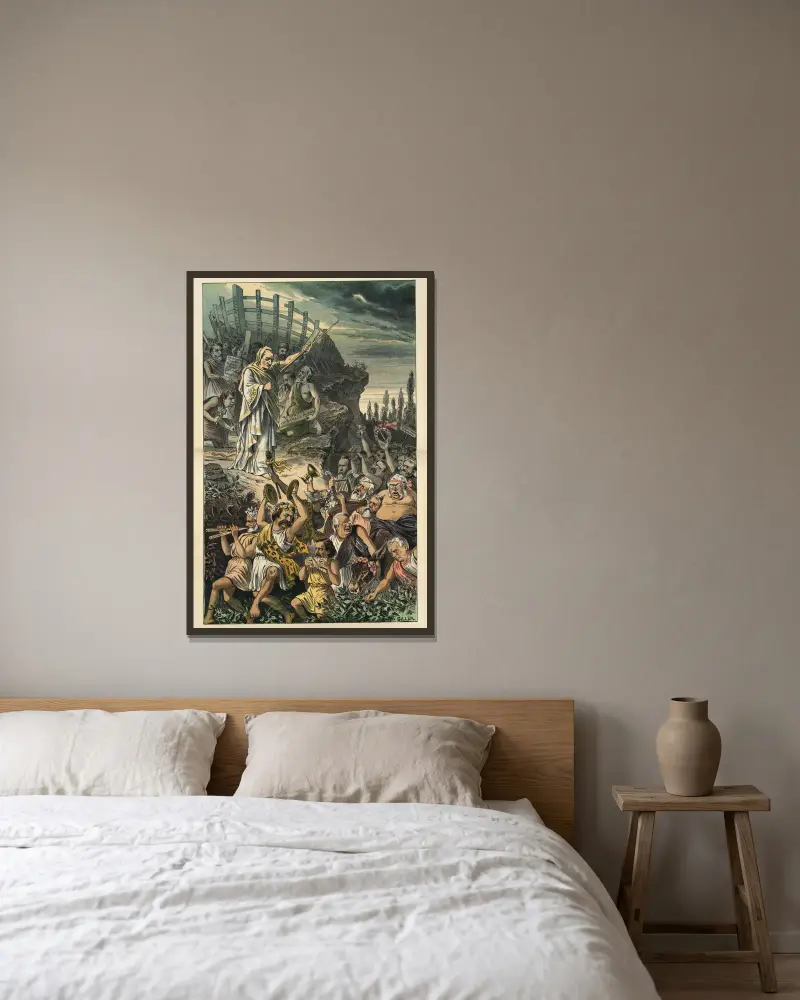 Der Bau der Arche von Bernhard Gillam gerahmt an einer Wand