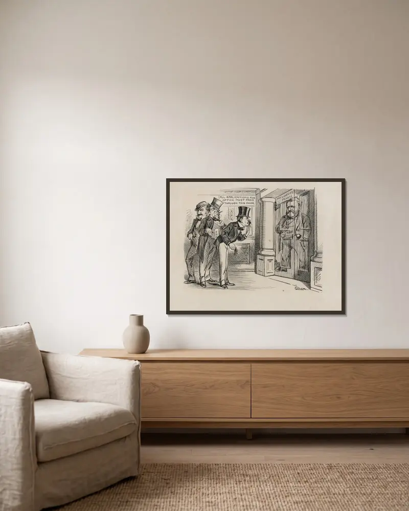Caricature of President Grant controlling patronage av Bernhard Gillam inramad på en vägg