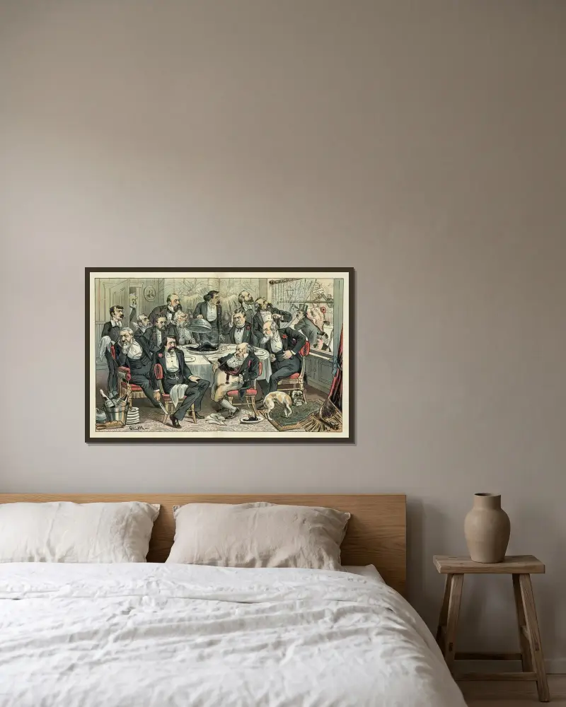 Tacksägelsedagen, 1884 – 'låt oss vara tacksamma!' av Bernhard Gillam inramad på en vägg
