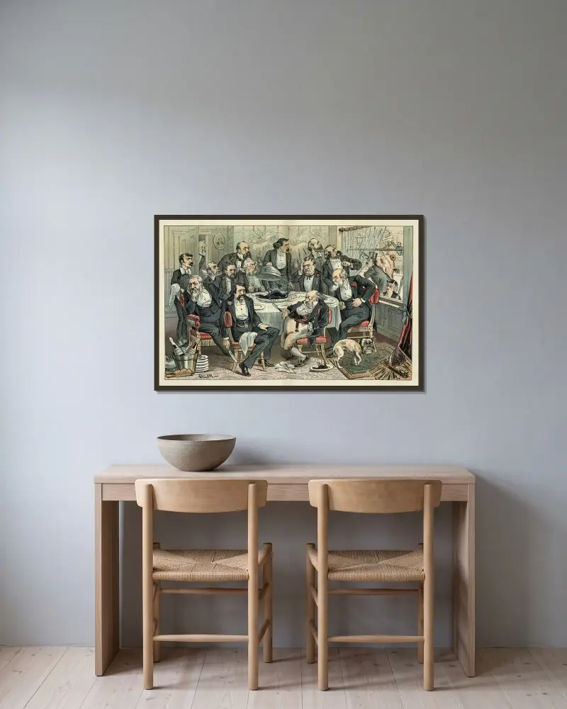 Tacksägelsedagen, 1884 – 'låt oss vara tacksamma!' av Bernhard Gillam inramad på en vägg