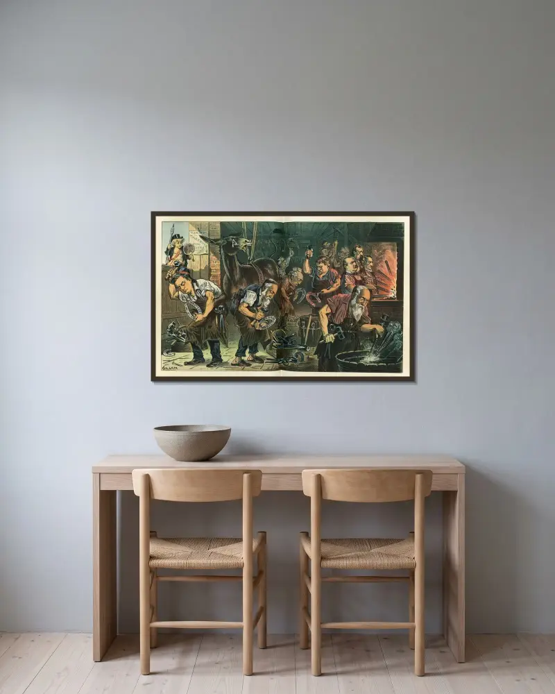 The Democratic smithy – odd shoes for the mule av Bernhard Gillam inramad på en vägg