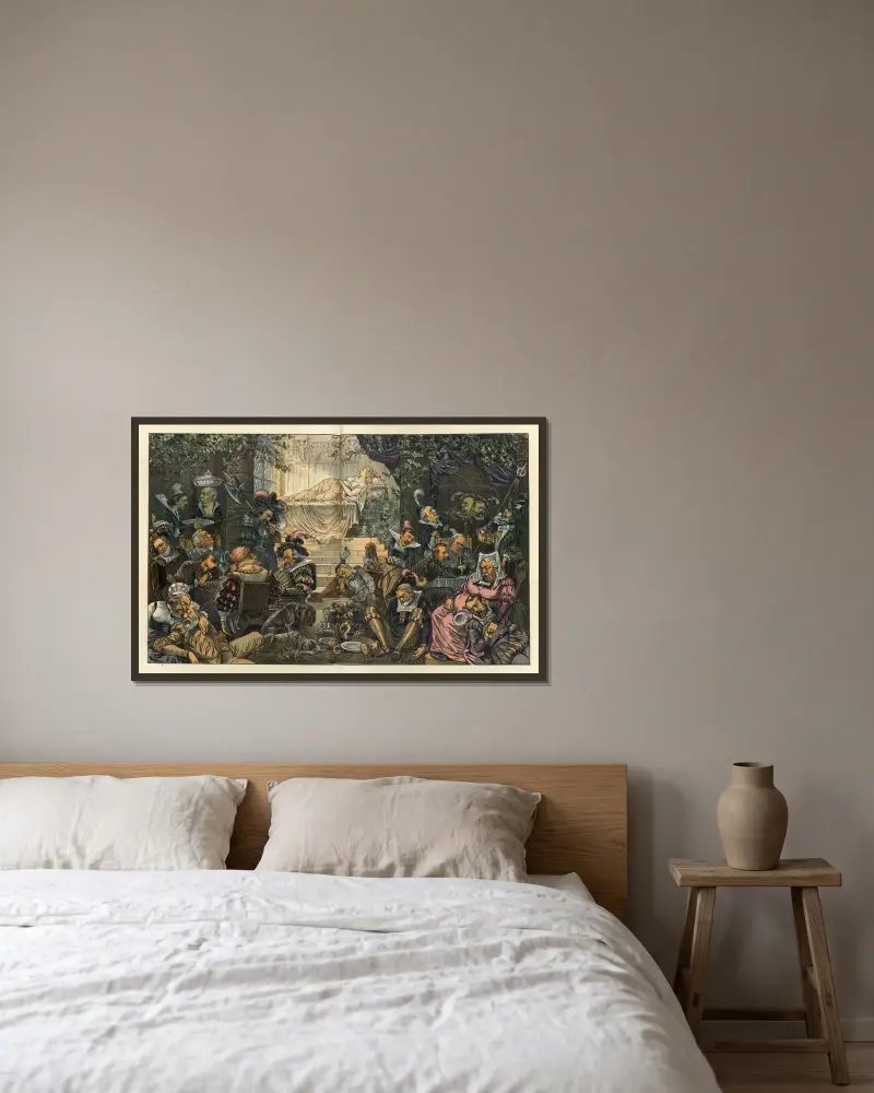 ‘The sleeping party’ av Bernhard Gillam inramad på en vägg