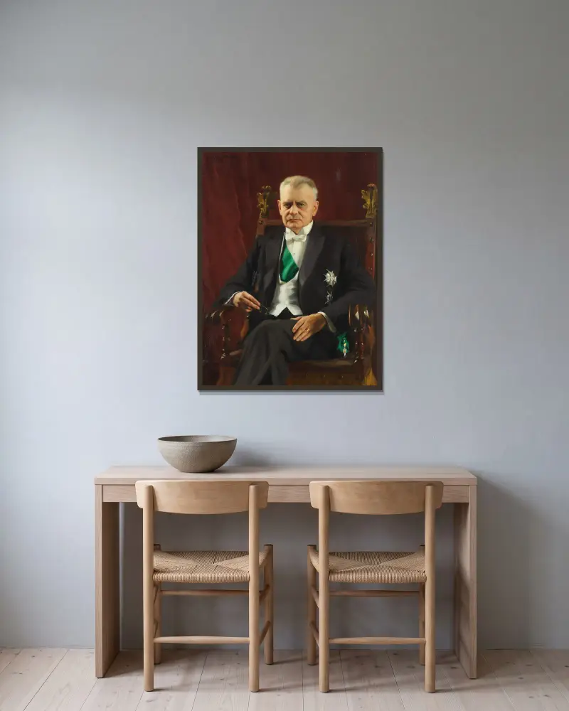 Porträtt av landshövding Henning Elmquist av Bernhard Österman inramad på en vägg