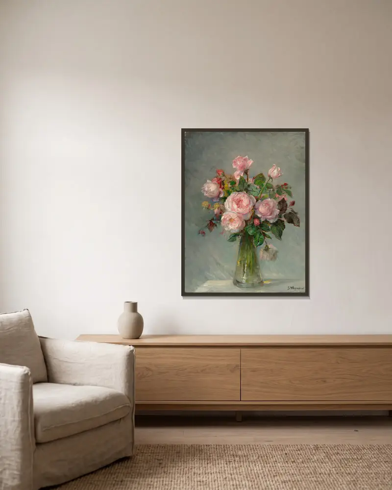 Roses in a glass vase av Bertha Wegmann inramad på en vägg