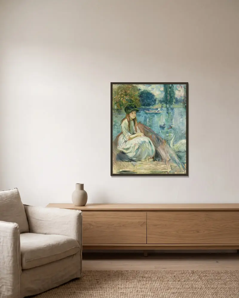 Jeanne Fourmanoir sur le lac av Berthe Morisot inramad på en vägg