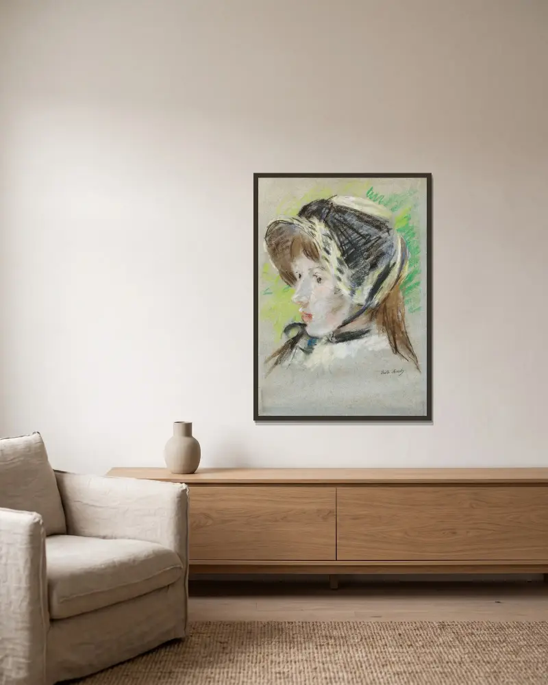 Jeanne Pontillon À La Capeline av Berthe Morisot inramad på en vägg