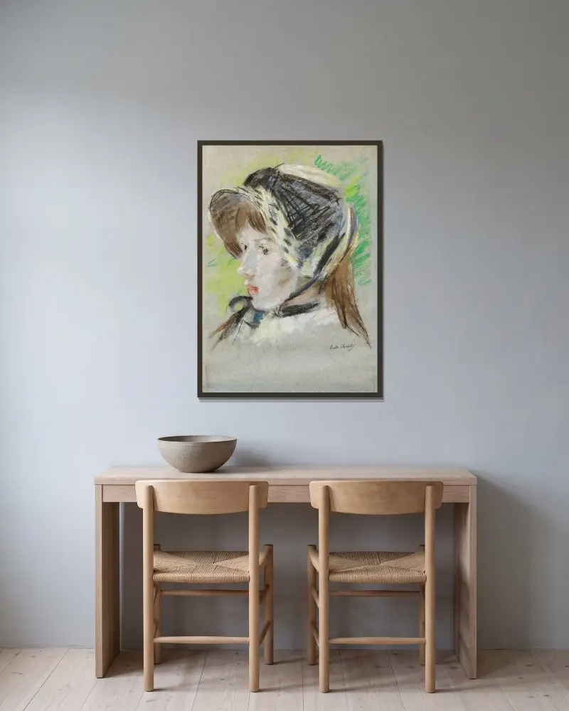 Jeanne Pontillon À La Capeline av Berthe Morisot inramad på en vägg