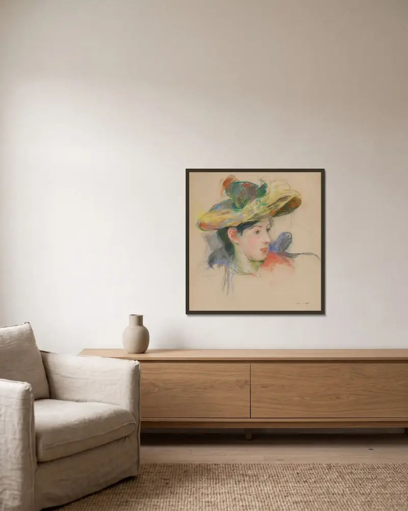 Jeanne Pontillon au chapeau av Berthe Morisot inramad på en vägg