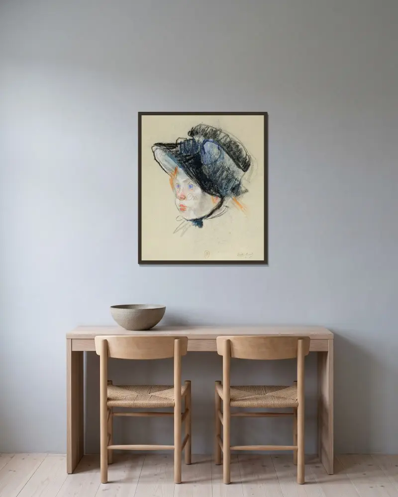 Jeannie i sammetshatt av Berthe Morisot inramad på en vägg