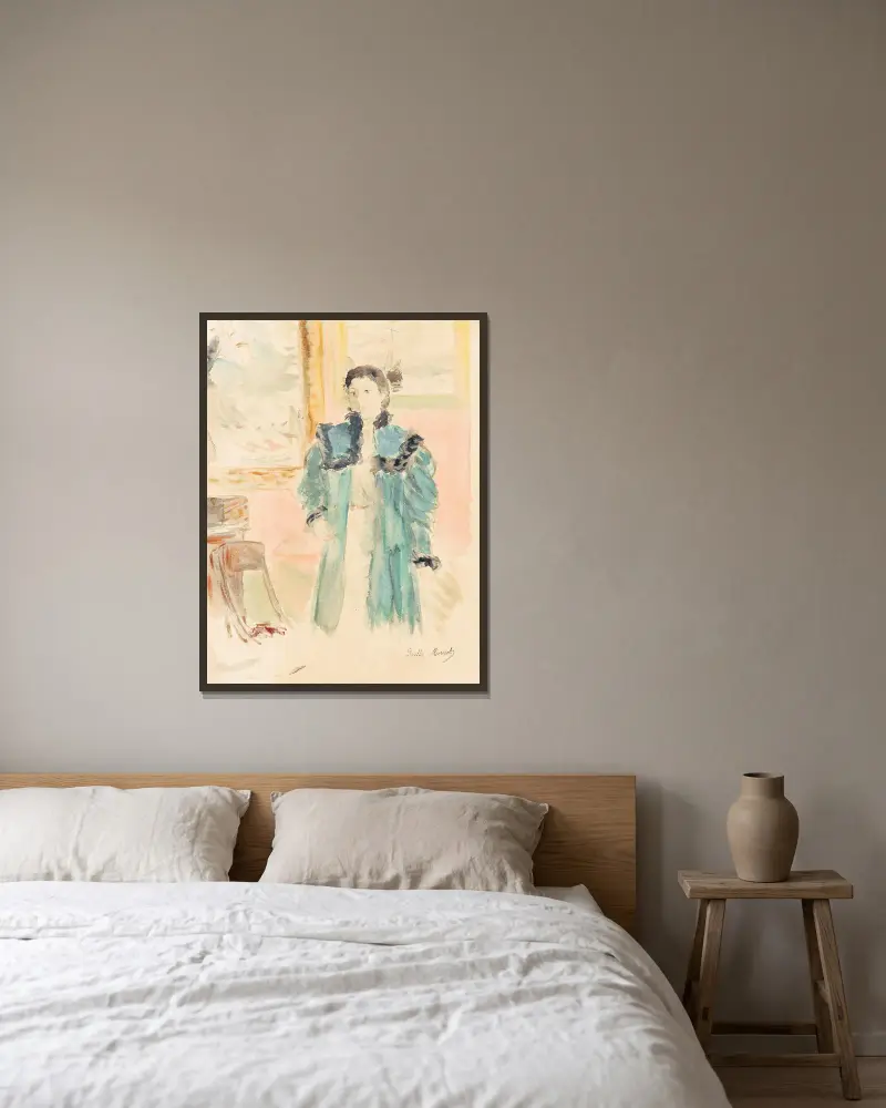 Jeune Fille Au Manteau Vert (Marthe) av Berthe Morisot inramad på en vägg