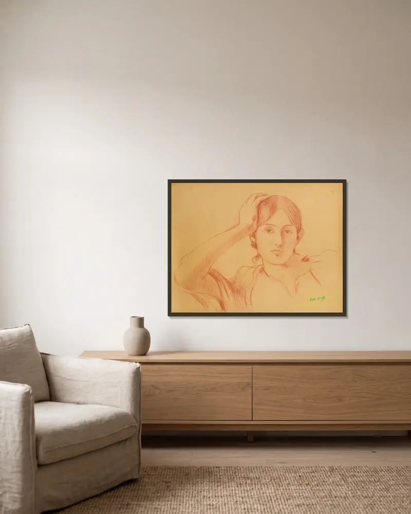 Portrait de Jeanne Pontillon av Berthe Morisot inramad på en vägg