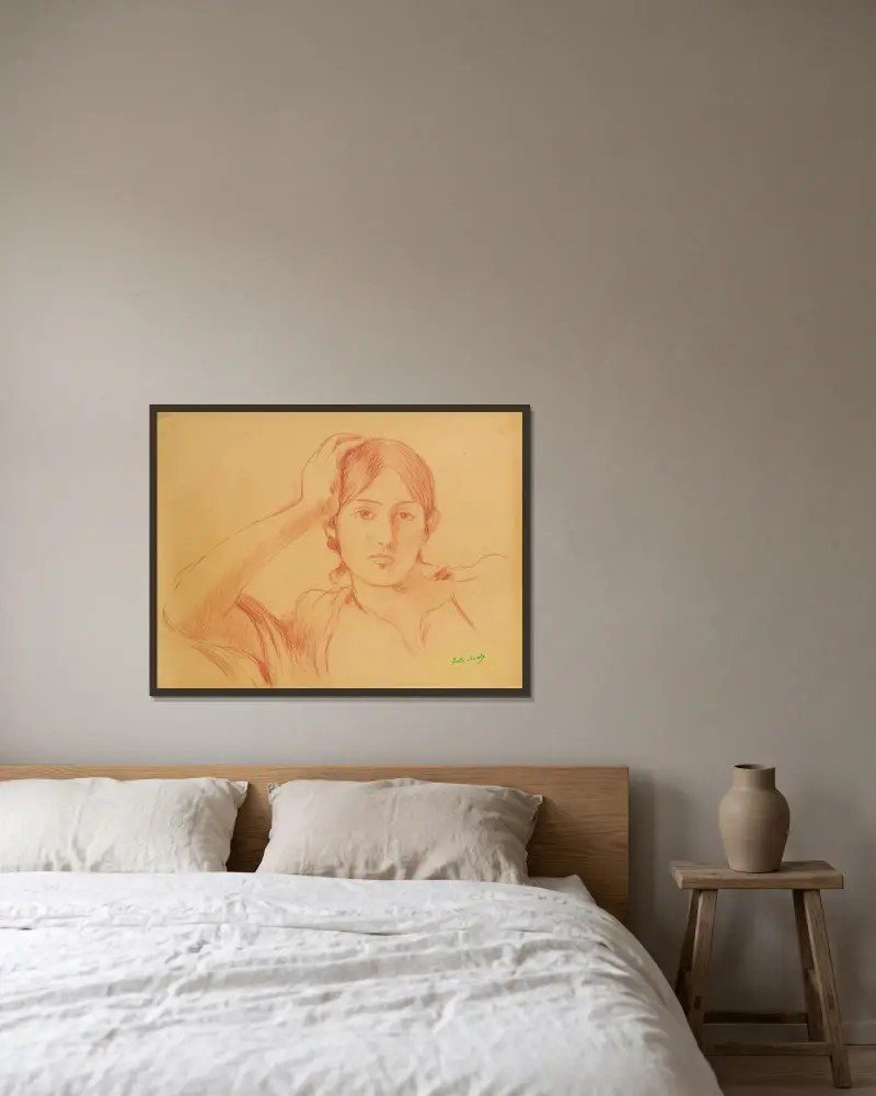 Portrait de Jeanne Pontillon av Berthe Morisot inramad på en vägg