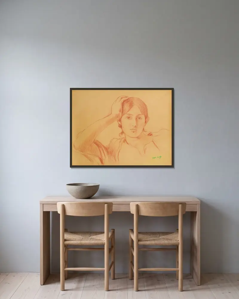 Portrait de Jeanne Pontillon av Berthe Morisot inramad på en vägg