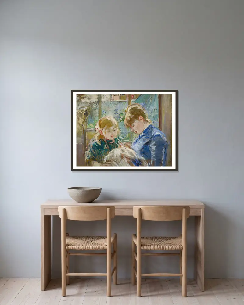 Konstnärens dotter Julie med sin barnflicka av Berthe Morisot inramad på en vägg