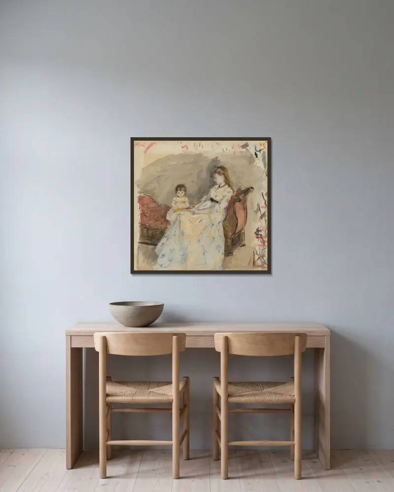 Konstnärens syster Edma med sin dotter Jeanne av Berthe Morisot inramad på en vägg