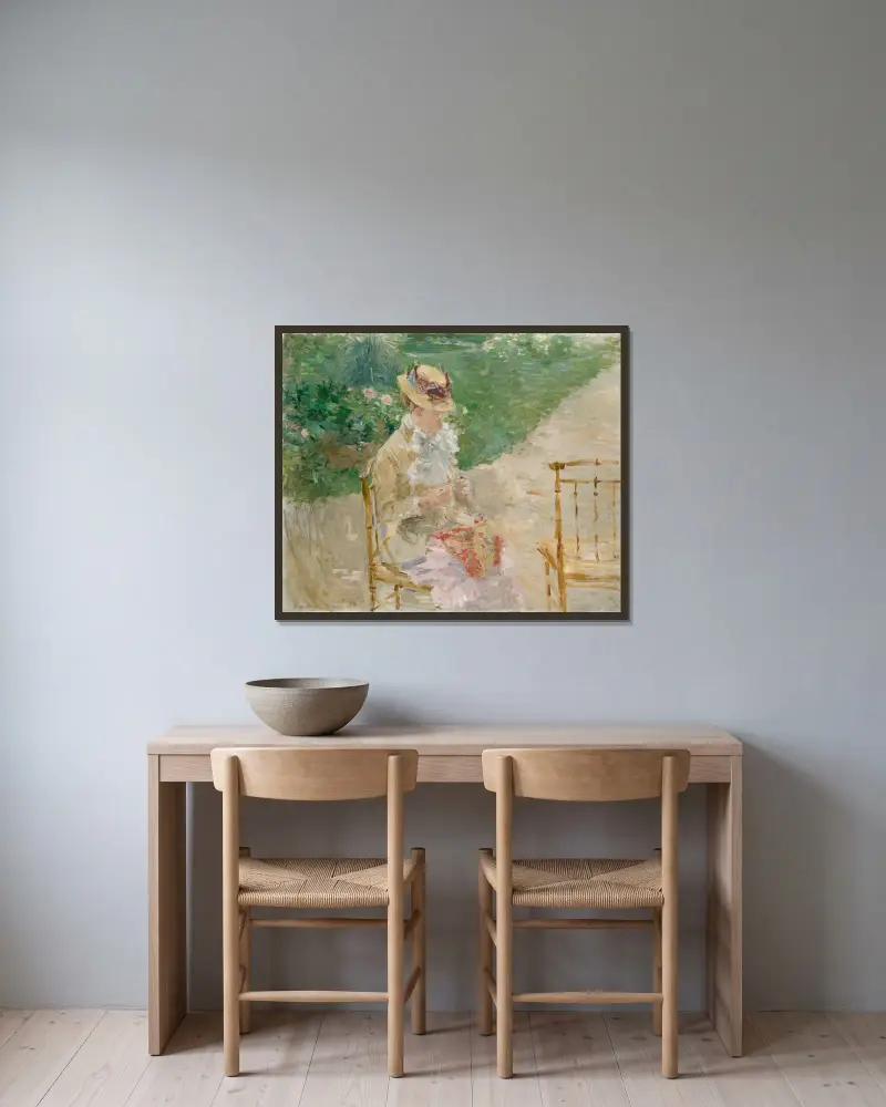 Young Woman Knitting av Berthe Morisot inramad på en vägg