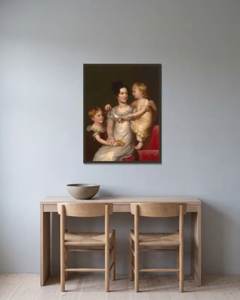 Sarah Weston Seaton with her Children Augustine and Julia av Charles Bird King inramad på en vägg