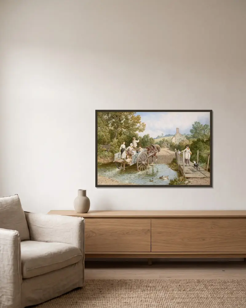 An der Furt von Myles Birket Foster gerahmt an einer Wand