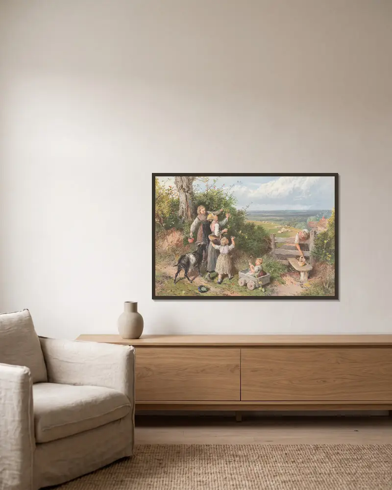 Brombeerpflücken von Myles Birket Foster gerahmt an einer Wand