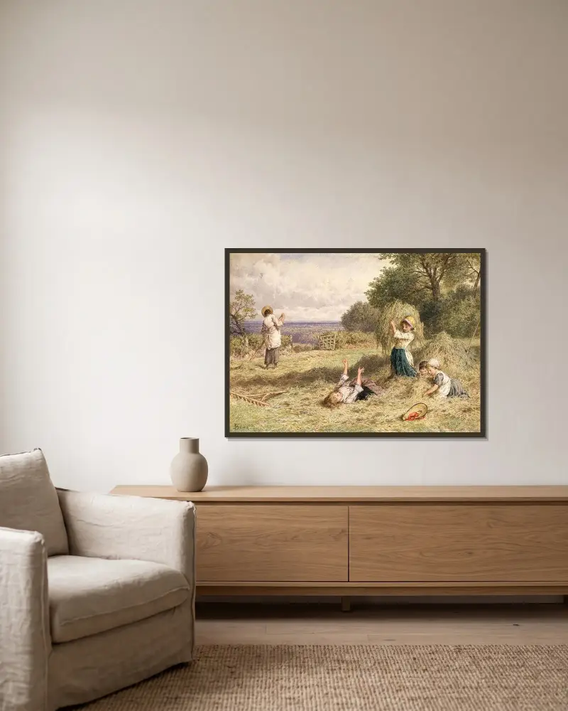 Landschaft mit Figuren von Myles Birket Foster gerahmt an einer Wand