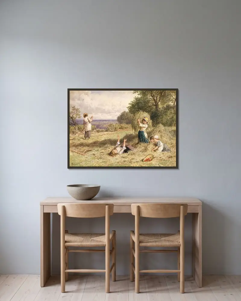 Landschaft mit Figuren von Myles Birket Foster gerahmt an einer Wand