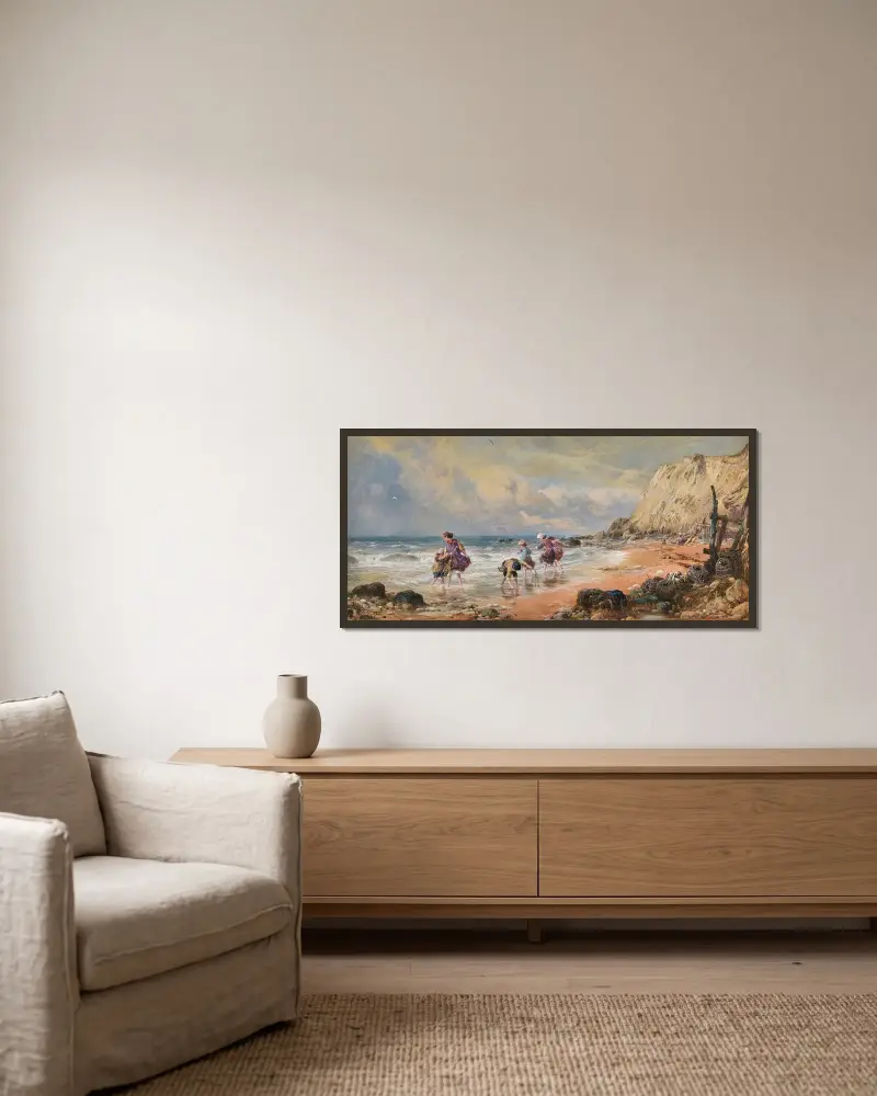 Am Strand von Bonchurch von Myles Birket Foster gerahmt an einer Wand