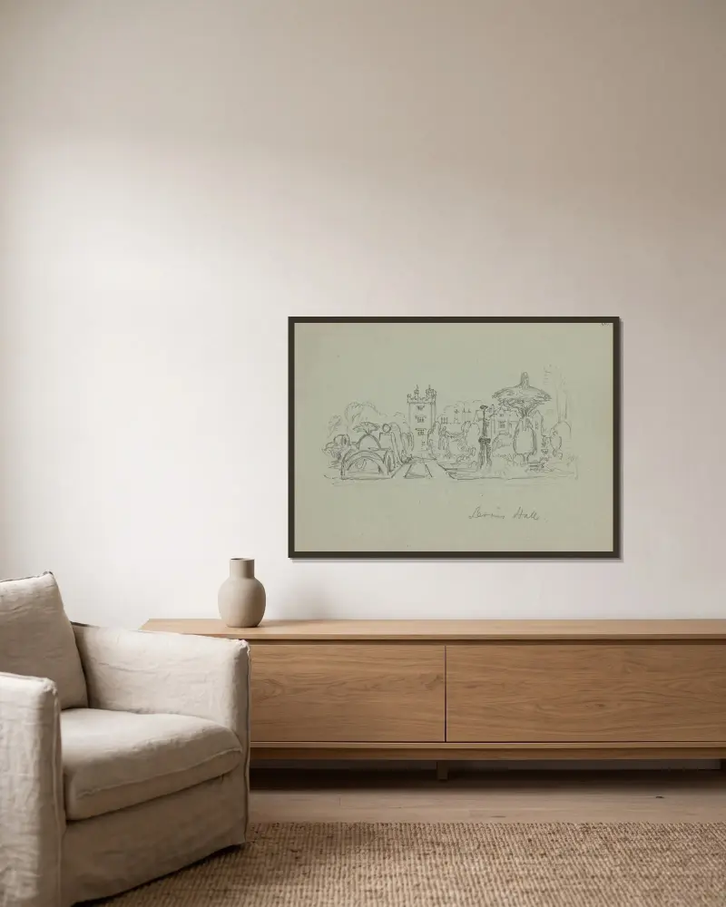 Studie eines Herrenhauses mit Garten, Leonis Hall von Myles Birket Foster gerahmt an einer Wand