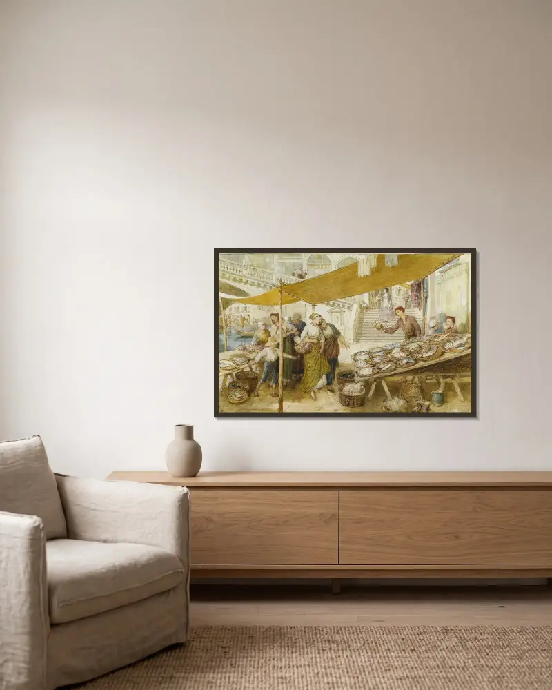 Der Fischmarkt auf den Stufen der Rialtobrücke von Myles Birket Foster gerahmt an einer Wand