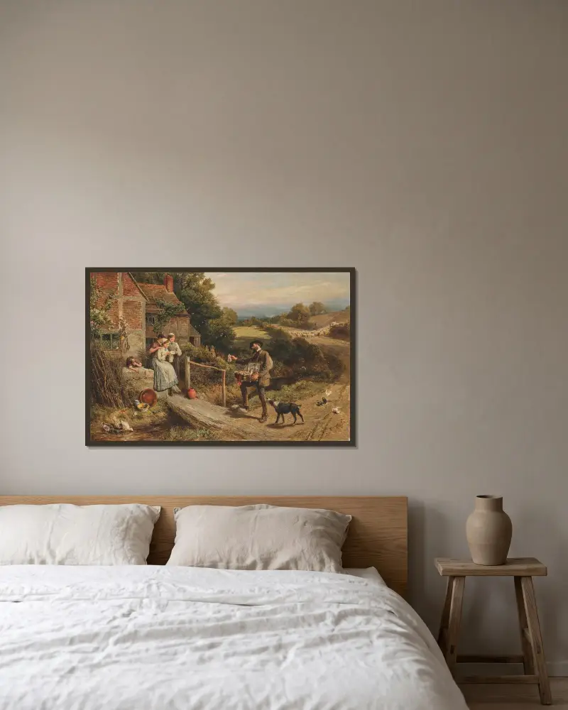Der Hausierer von Myles Birket Foster gerahmt an einer Wand