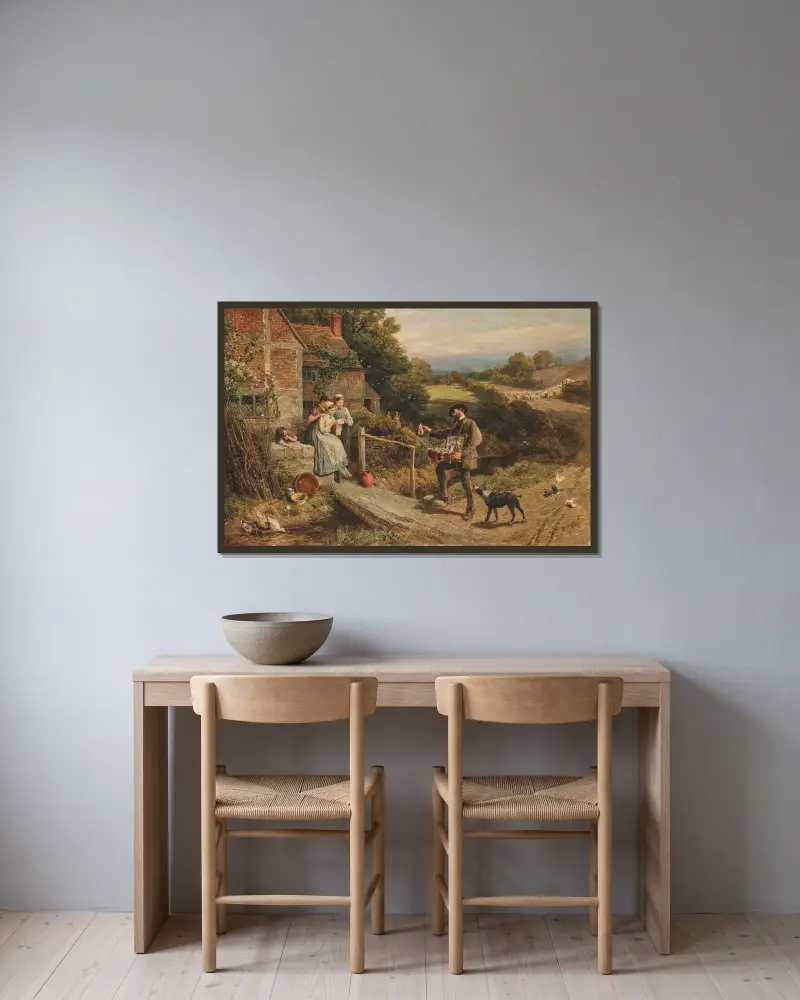 Der Hausierer von Myles Birket Foster gerahmt an einer Wand
