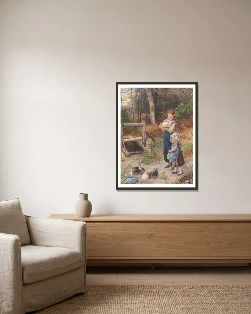 The Pet Rabbits av Myles Birket Foster inramad på en vägg