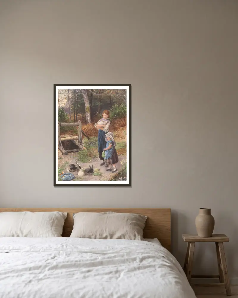 The Pet Rabbits av Myles Birket Foster inramad på en vägg