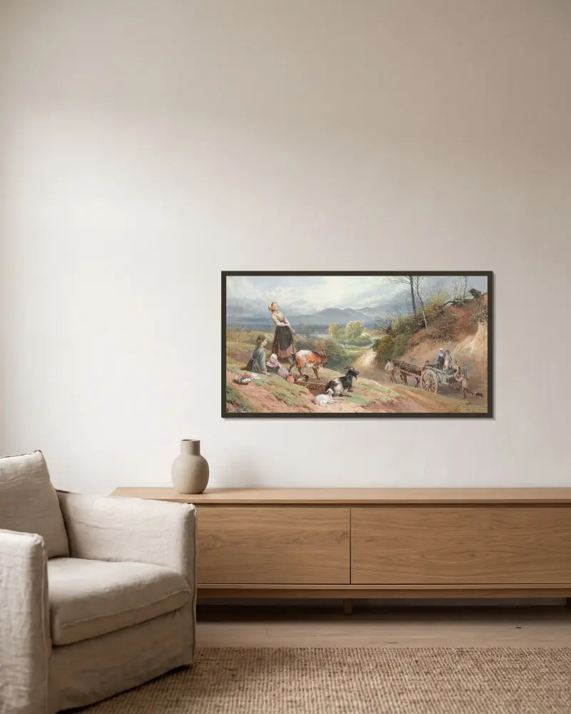 Der Weg zum Markt von Myles Birket Foster gerahmt an einer Wand