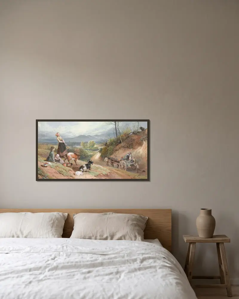 Der Weg zum Markt von Myles Birket Foster gerahmt an einer Wand