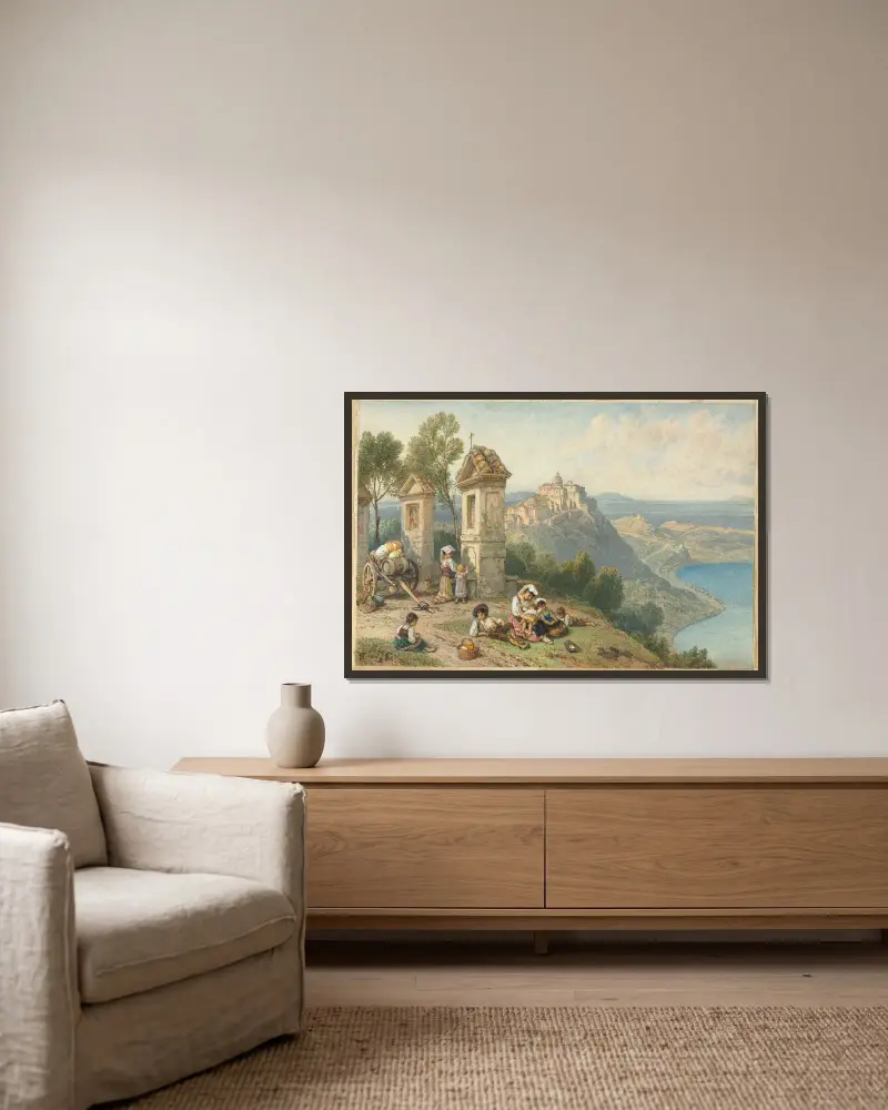 Utsikt över Castel Gandolfo av Myles Birket Foster inramad på en vägg