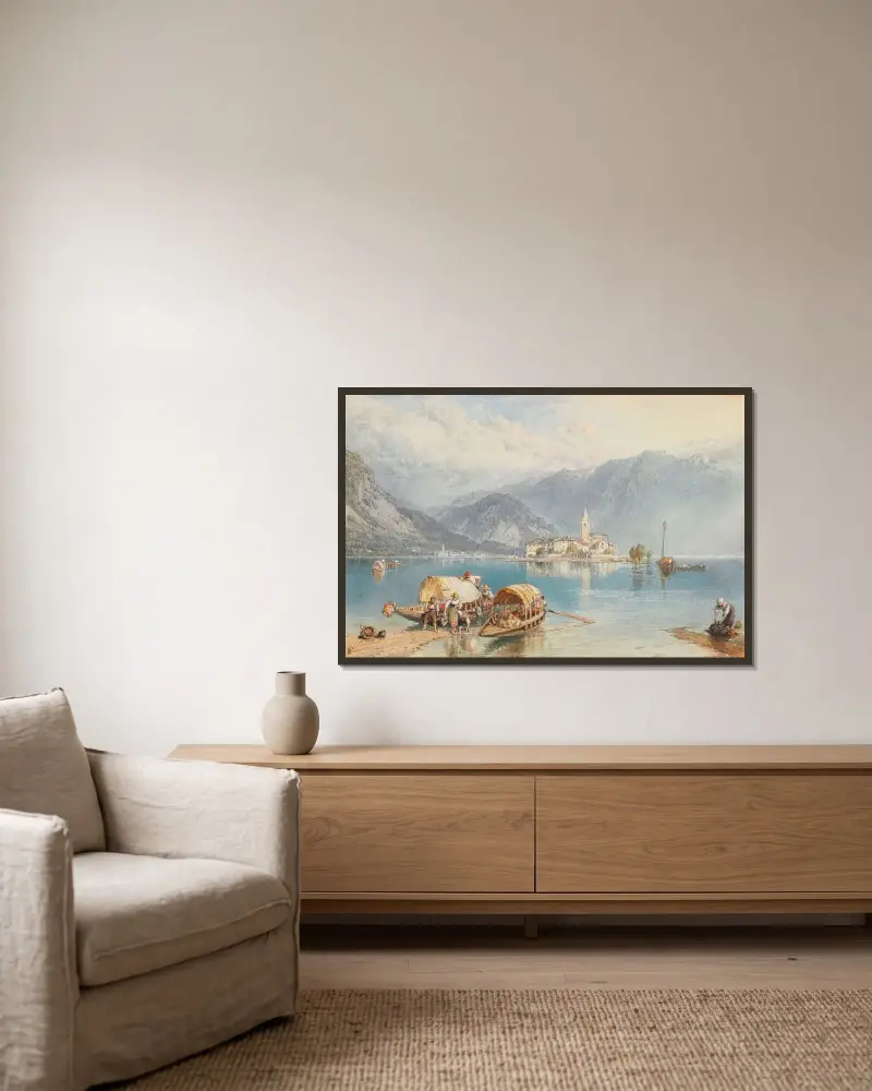 Blick auf Isola Bella, Lago Maggiore, Italien von Myles Birket Foster gerahmt an einer Wand