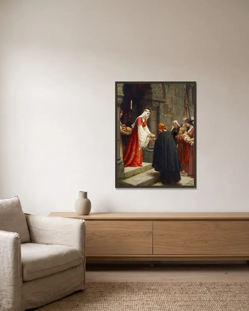 Den heliga Elisabeth av Ungerns barmhärtighet av Edmund Blair Leighton inramad på en vägg