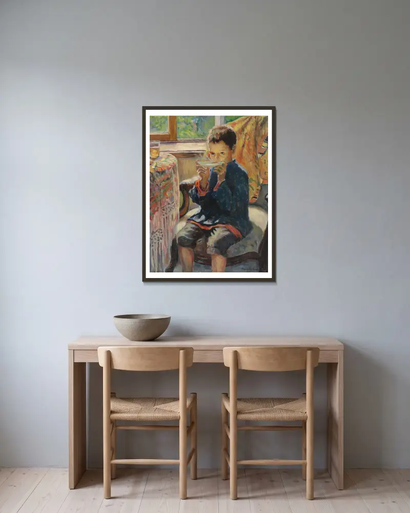 Chlapec pijící čaj, Nikolai Bogdanov-Belsky v rámu na stěně