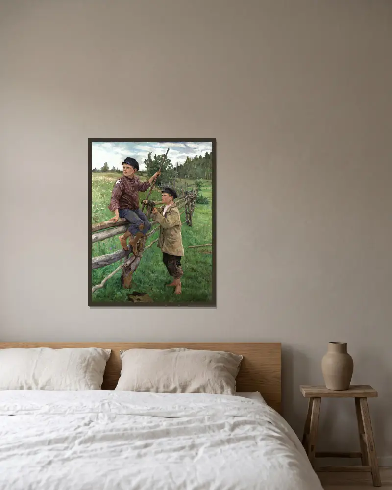 Country boys av Nikolai Bogdanov-Belsky inramad på en vägg