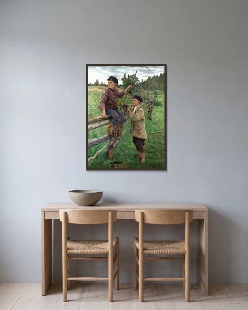 Country boys av Nikolai Bogdanov-Belsky inramad på en vägg